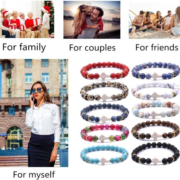 Beaded Cross Bracelets Natural Stone 8mm for Women Men Healing Anxiety - Picture 5 of 5